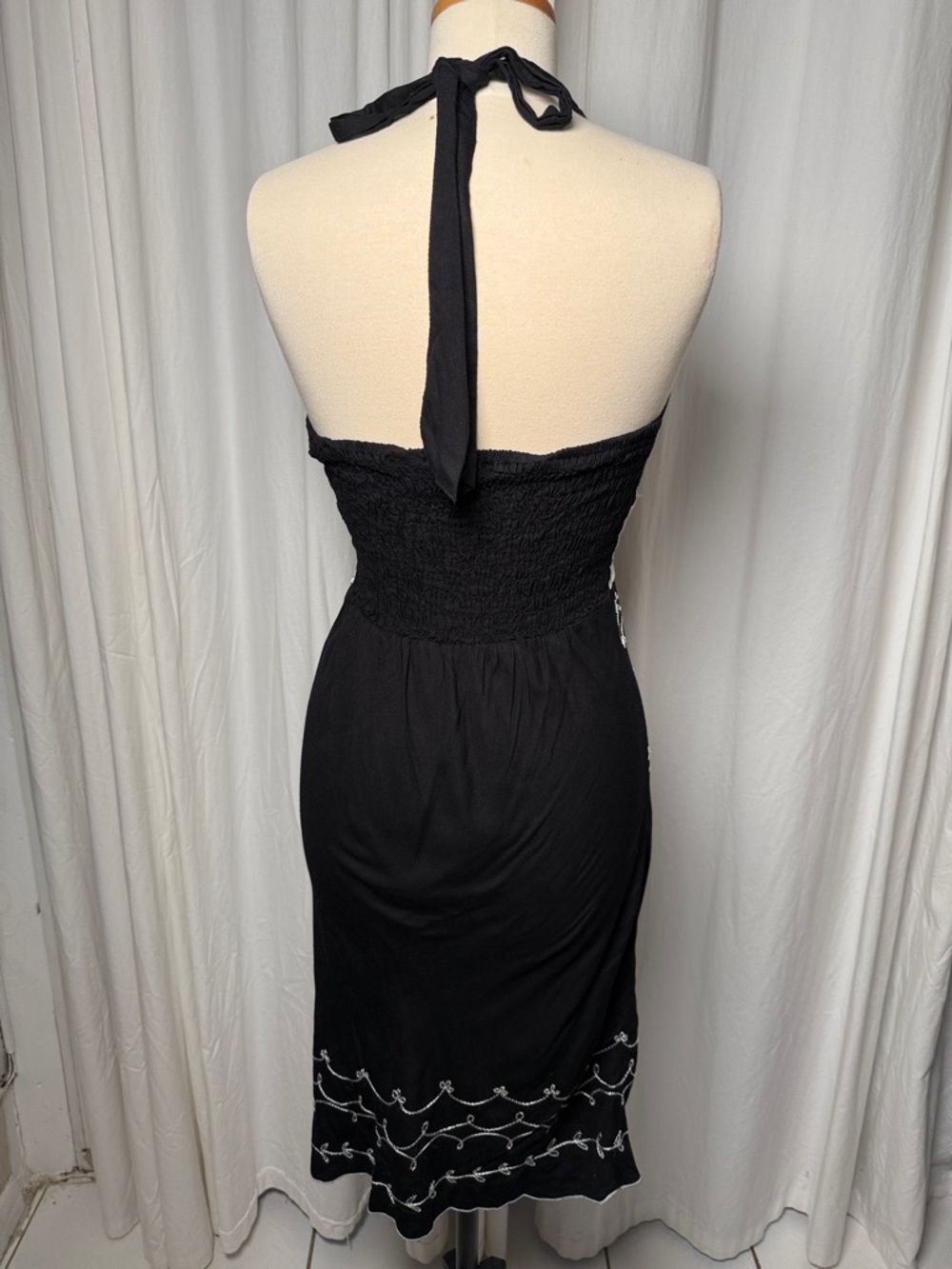 Black Embroidered Halter Midi Dress - White Detailing - Picture 6 of 8